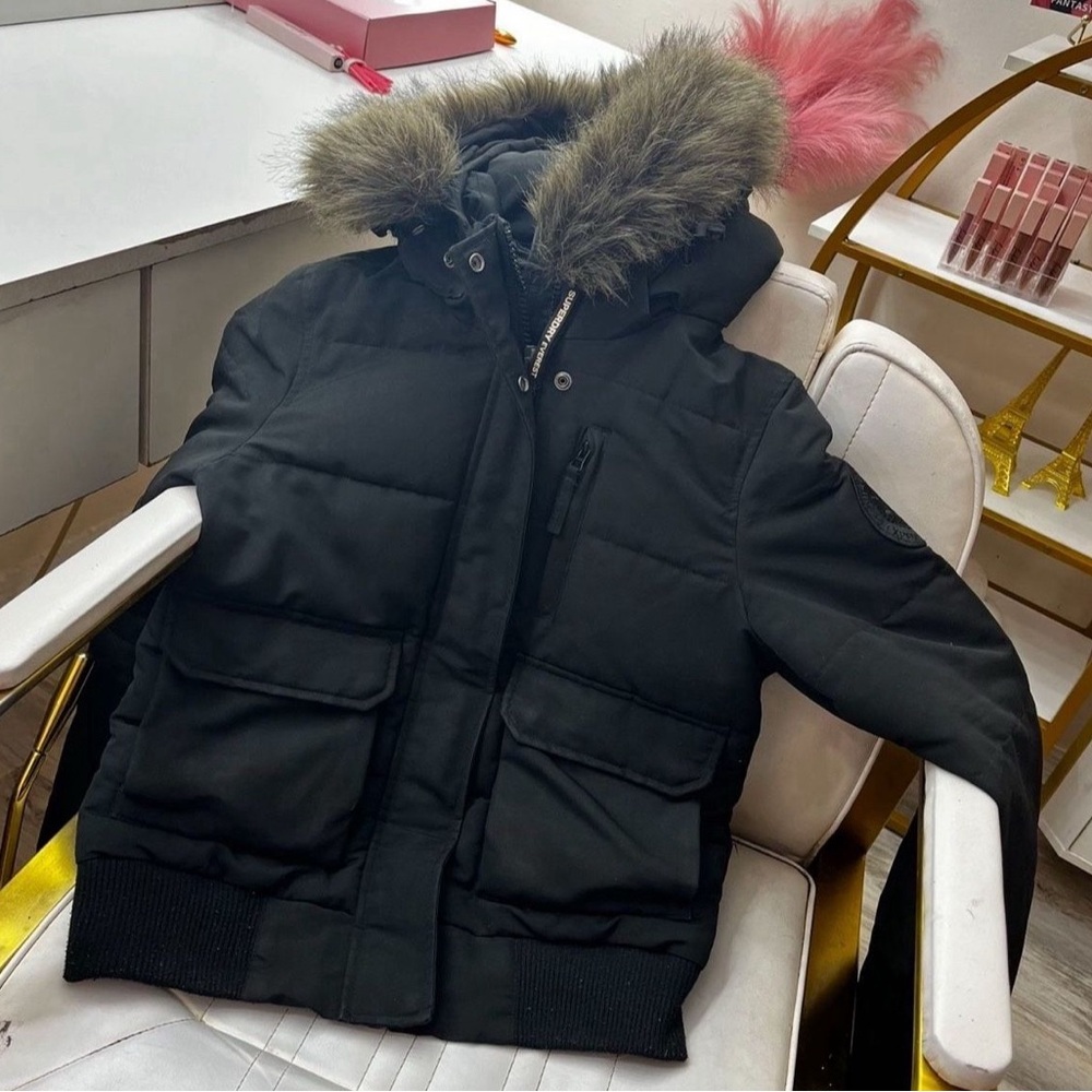 SUPERDRY Black Puffer coat with Fur Hood